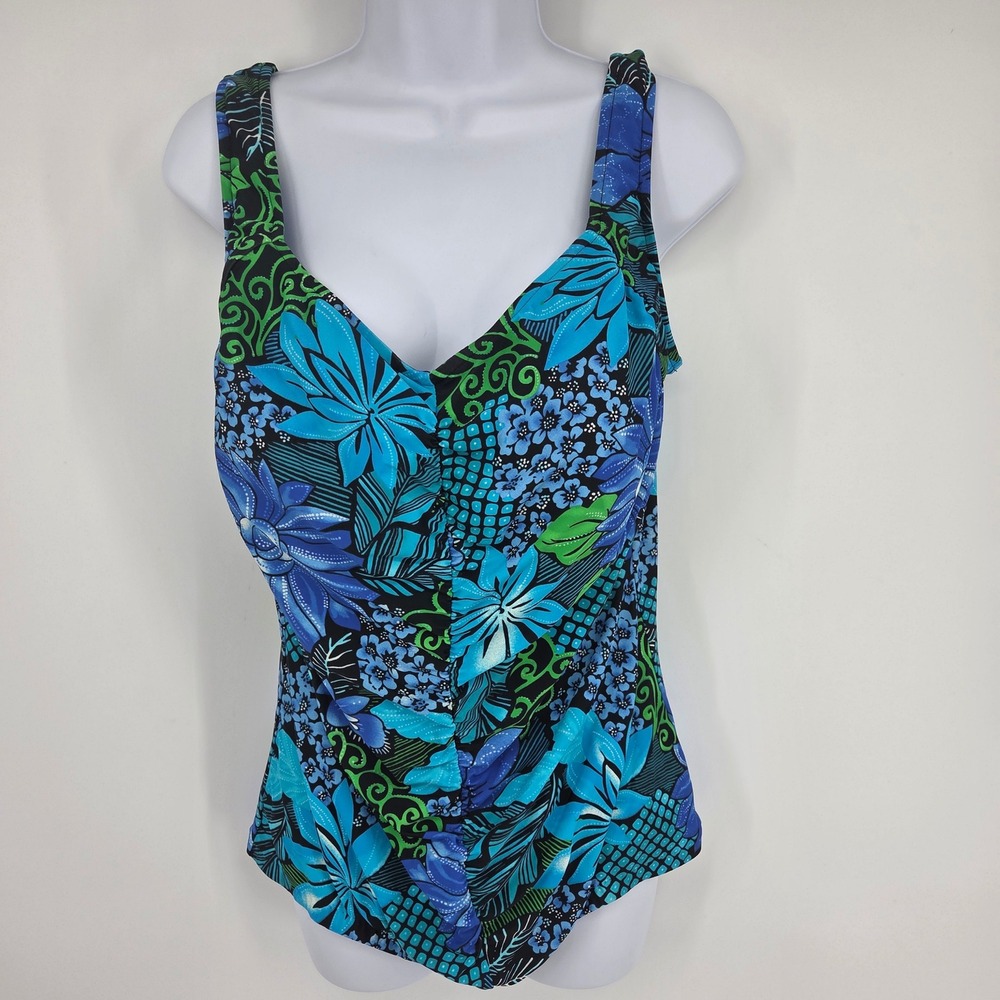 Azul Women 18W Blue Green Tropical Floral Ruched One Piece Swimsuit 5JLAD20W
